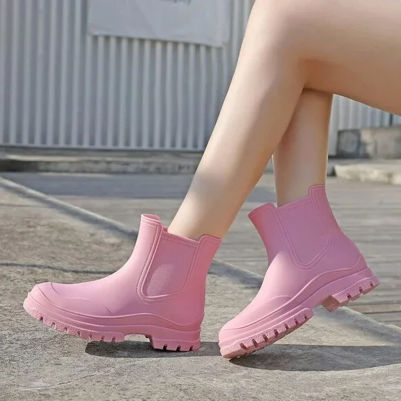 Women's Waterproof Rain Boots Elastic Chelsea Mid Heel Ankle Garden Shoes - Picture 5 of 6